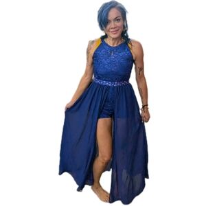 Girls Sz 14 Formal Dress Cobalt Blue Halter Neck Shorts Romper with Maxi Skirt